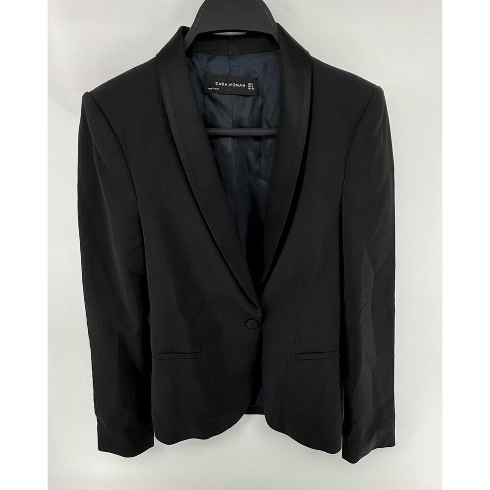 Zara Satin Collar Tuxedo Jacket Blazer S Black Padded Shoulders 100% Wool